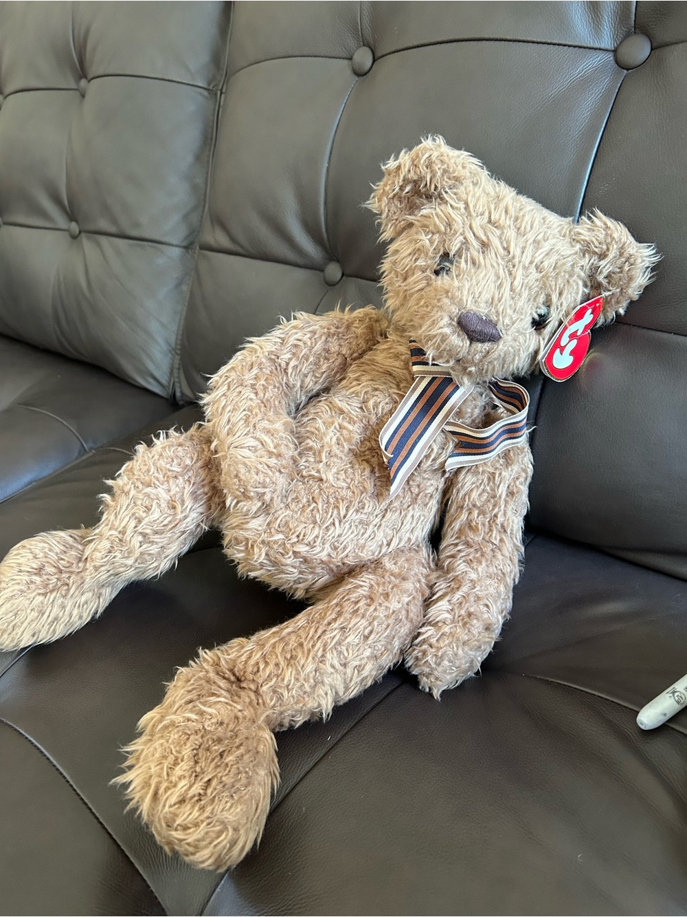 Ty BAILEY - Plush Teddy Bear with Striped Bow - Light Brown 1996